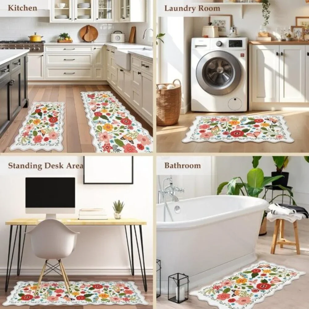 New 2Pcs Scalloped Kitchen Mats, Cushioned Non-Slip Waterproof Anti-Fatigue Rugs